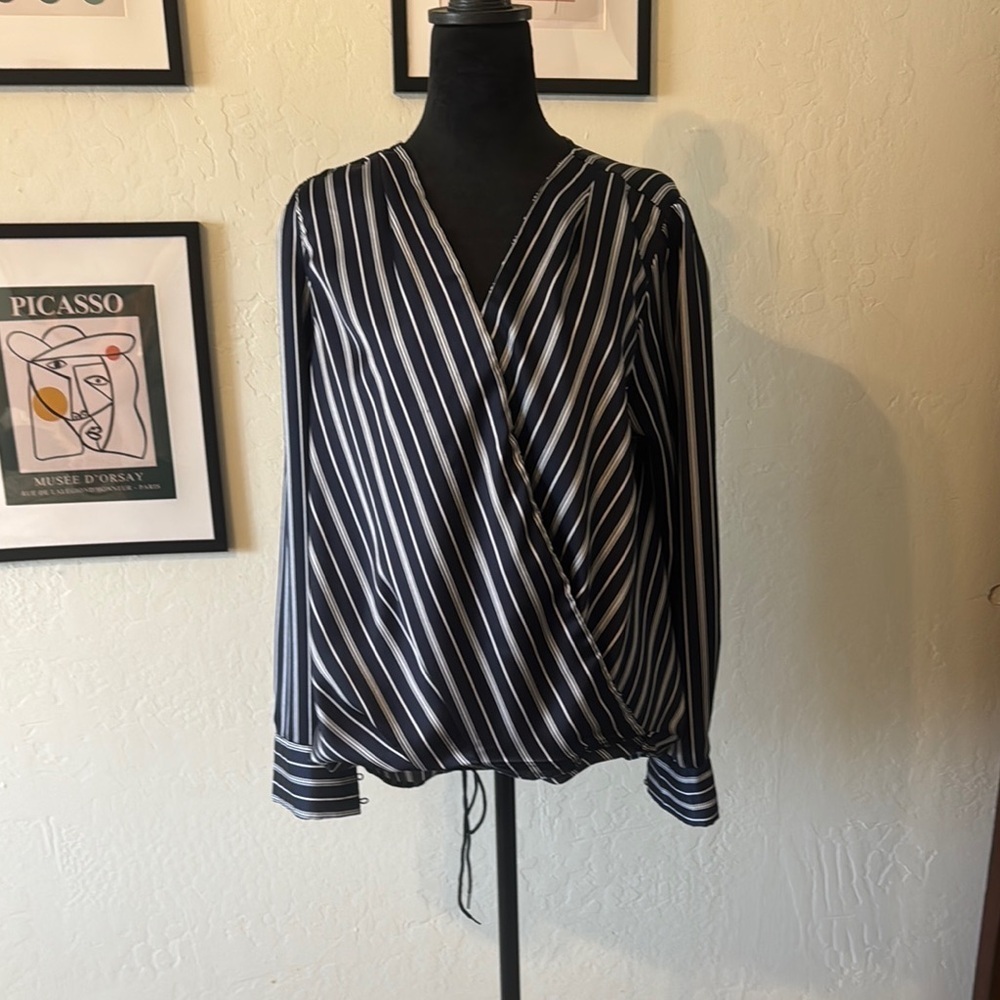 Halogen White and Blue Long Sleeve Wrap Blouse - NWOT
